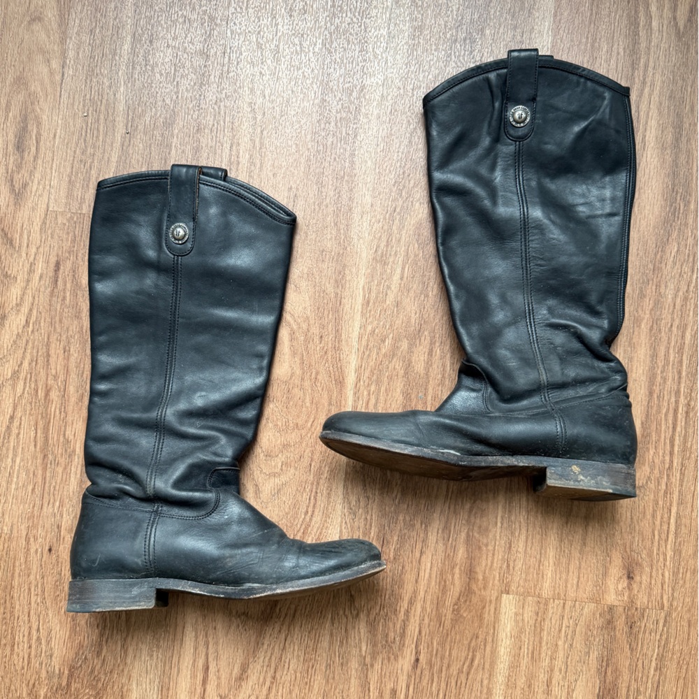Frye Black Leather Boots with Metal Accent, Melissa Double Sole Button Lug Tall